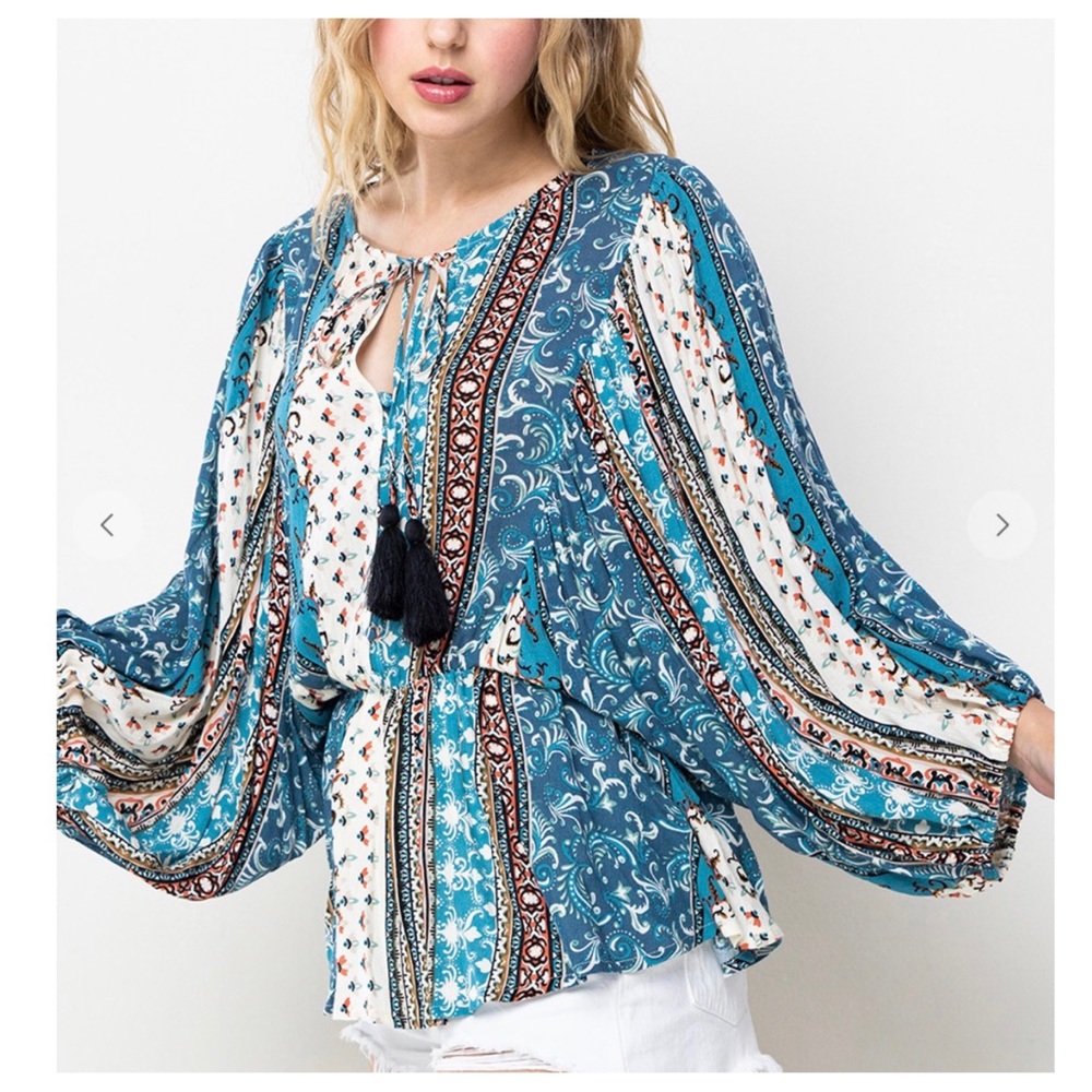 25 Boho Border Print Long Sleeve Blouse Top NWT
